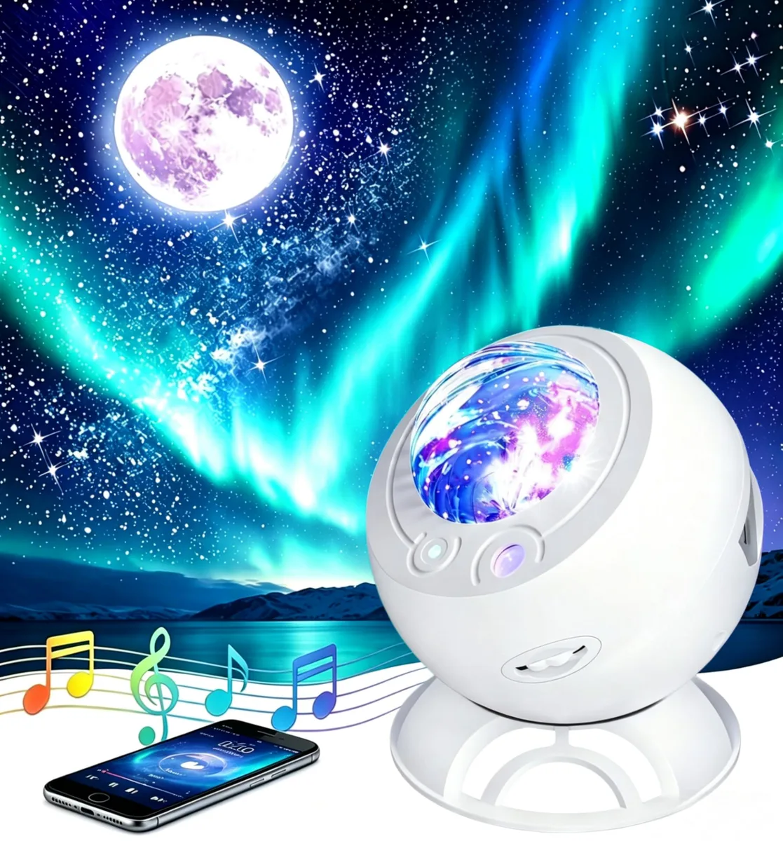 White compact star projector with adjustable lens head and Bluetooth 5.4 speaker