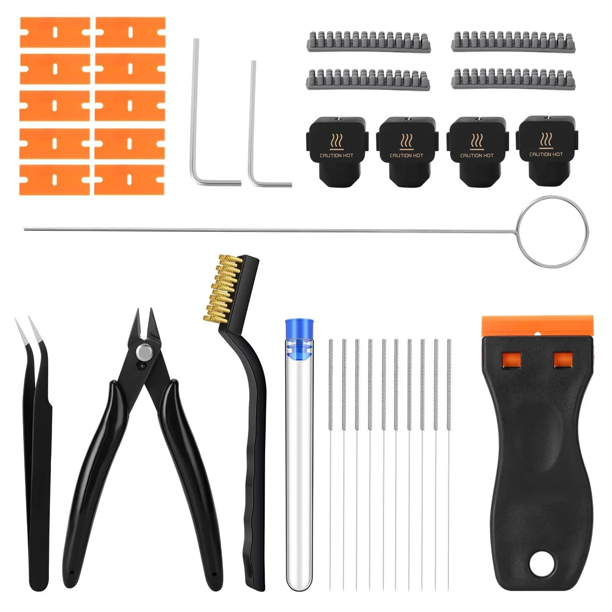 Open 35-piece 3D printer tool kit on a light surface, showing nozzles, wipers, scraper, cutters, tweezers and hex keys