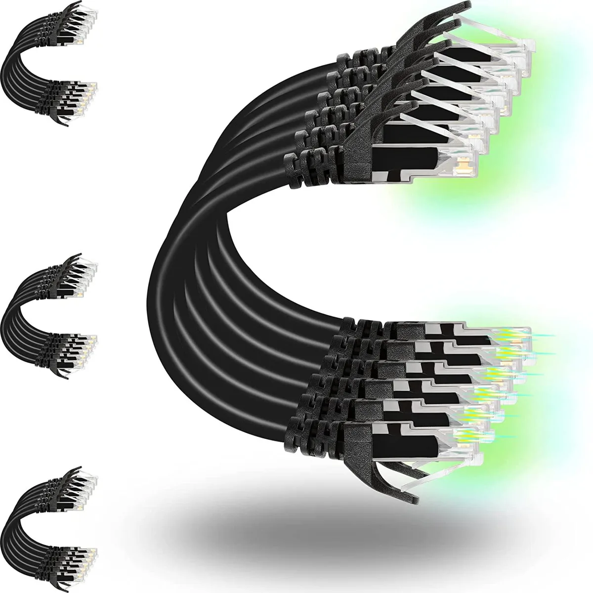 Twenty-four black Cat6 patch cables coiled together, each five feet long with gold-plated RJ45 connectors