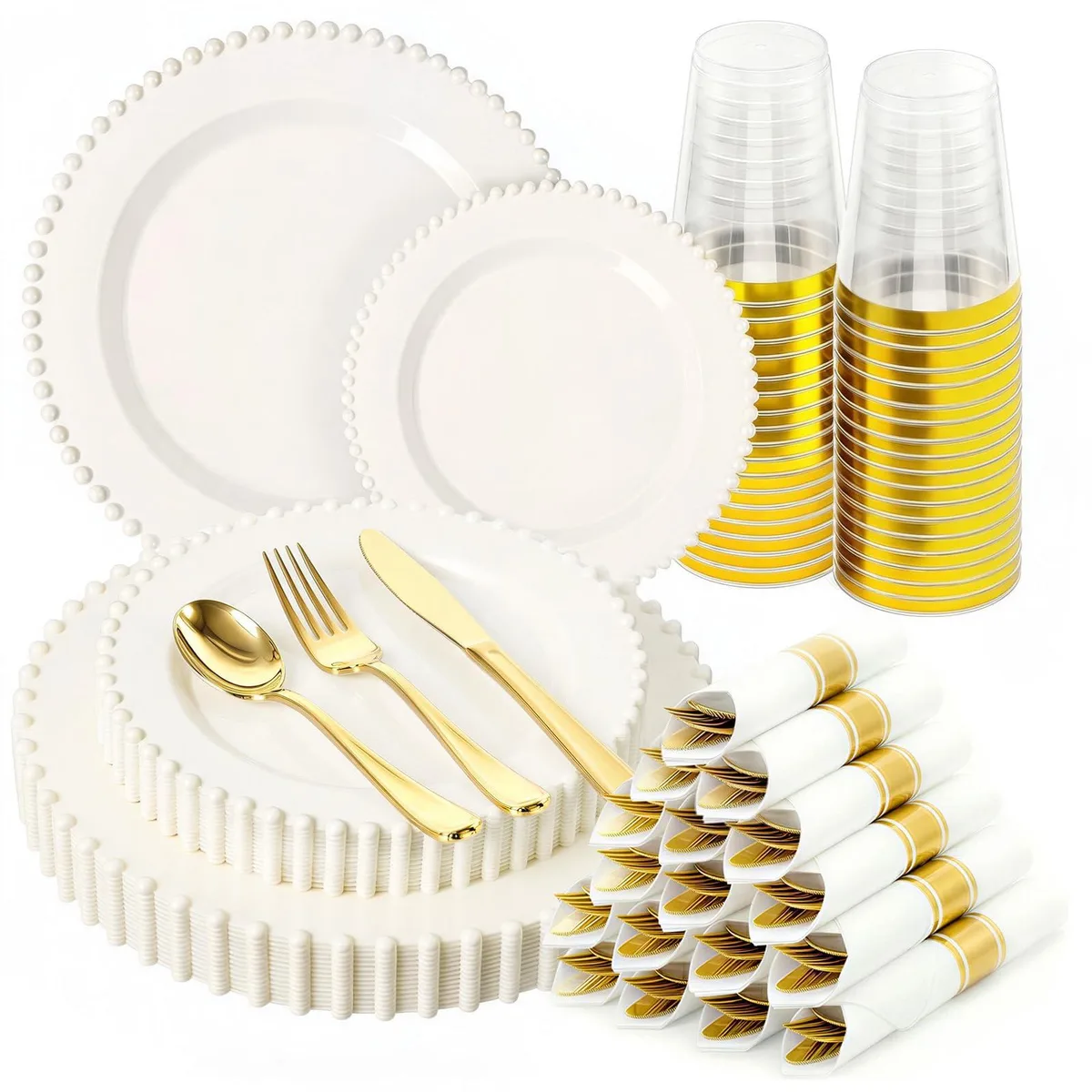 Ivory plastic dinnerware set for 25 guests, 175 pieces