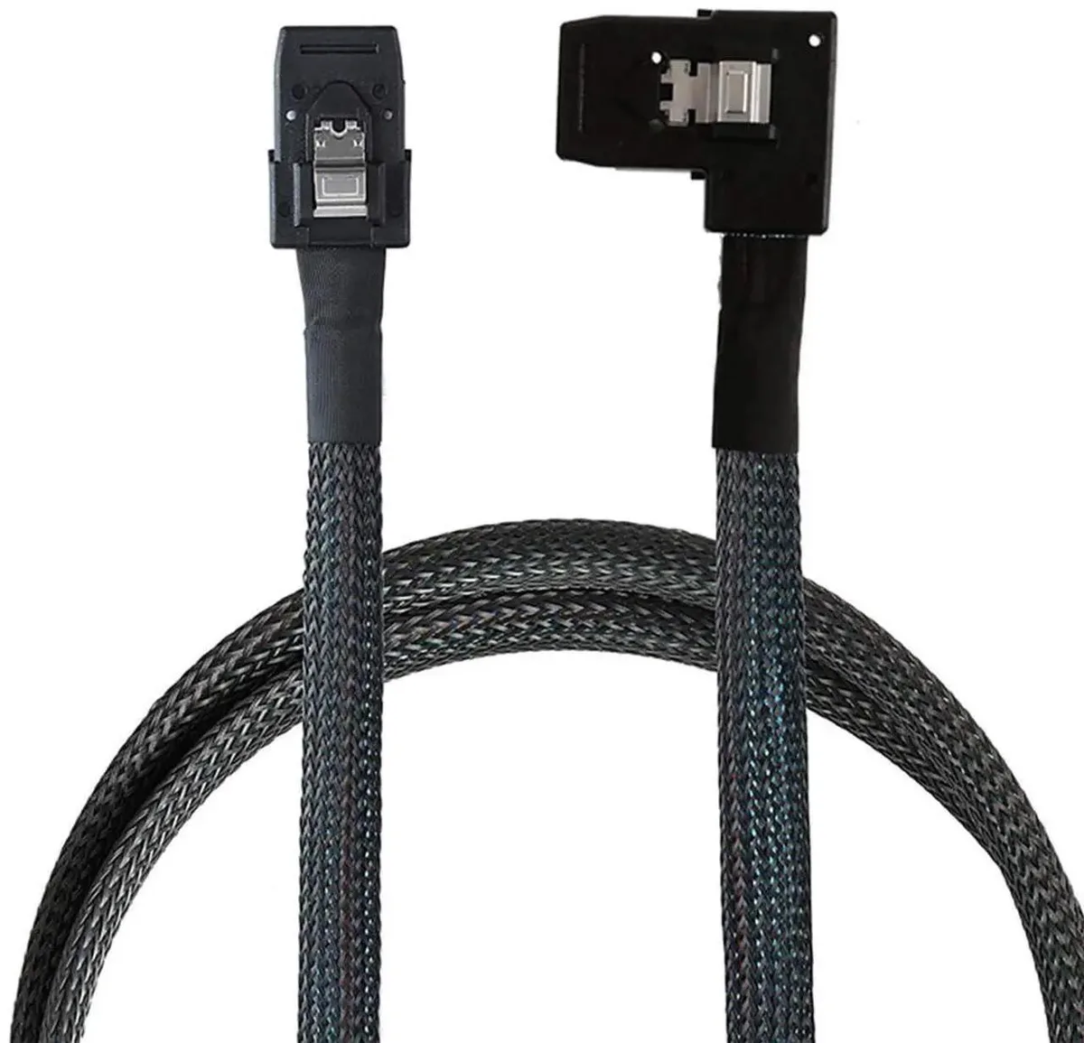 Blue SAS cable with straight and left-angled SFF-8087 connectors