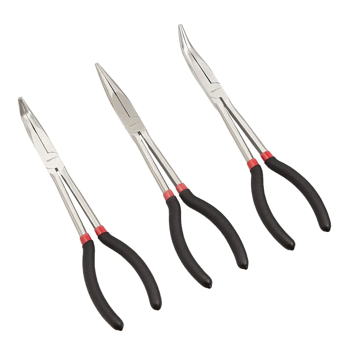 Three black needle-nose pliers with extra-long plastic handles straight 45-degree and 90-degree jaws