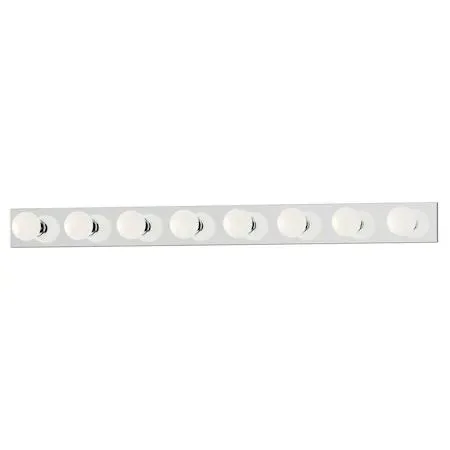 Polished chrome 48-inch vanity light with eight exposed bulbs