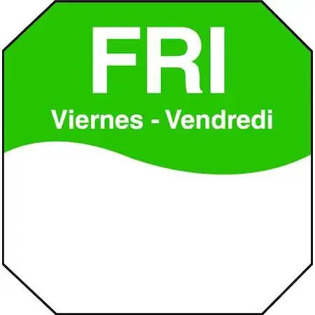 Green octagonal paper labels reading Friday in three languages 1000 pack