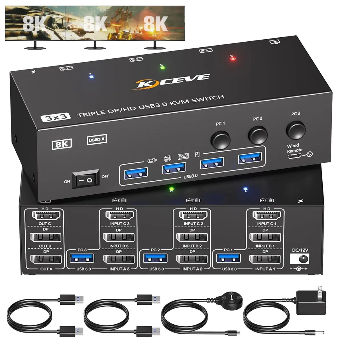 Hitoor Hitoor 303DH KVM Switch 3 PC 3 Monitors HDMI 2 DP 8K@60Hz 4K@144Hz 4 USB 3.0 — product photo