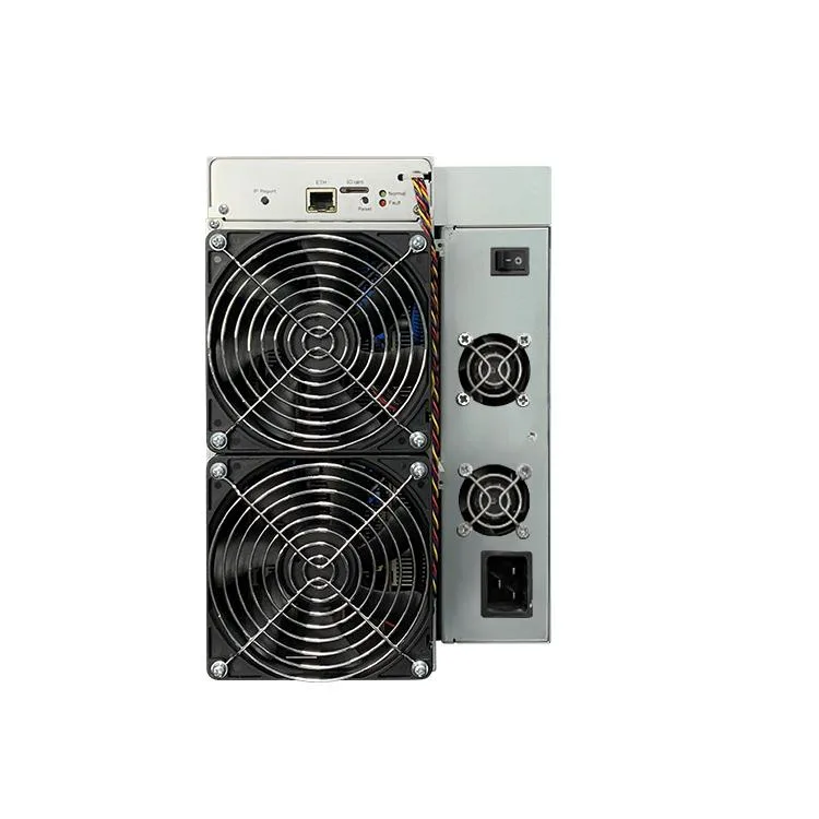 Rectangular beige metal ASIC miner with dual front fans, Ethernet port, power input, 8.5 kg