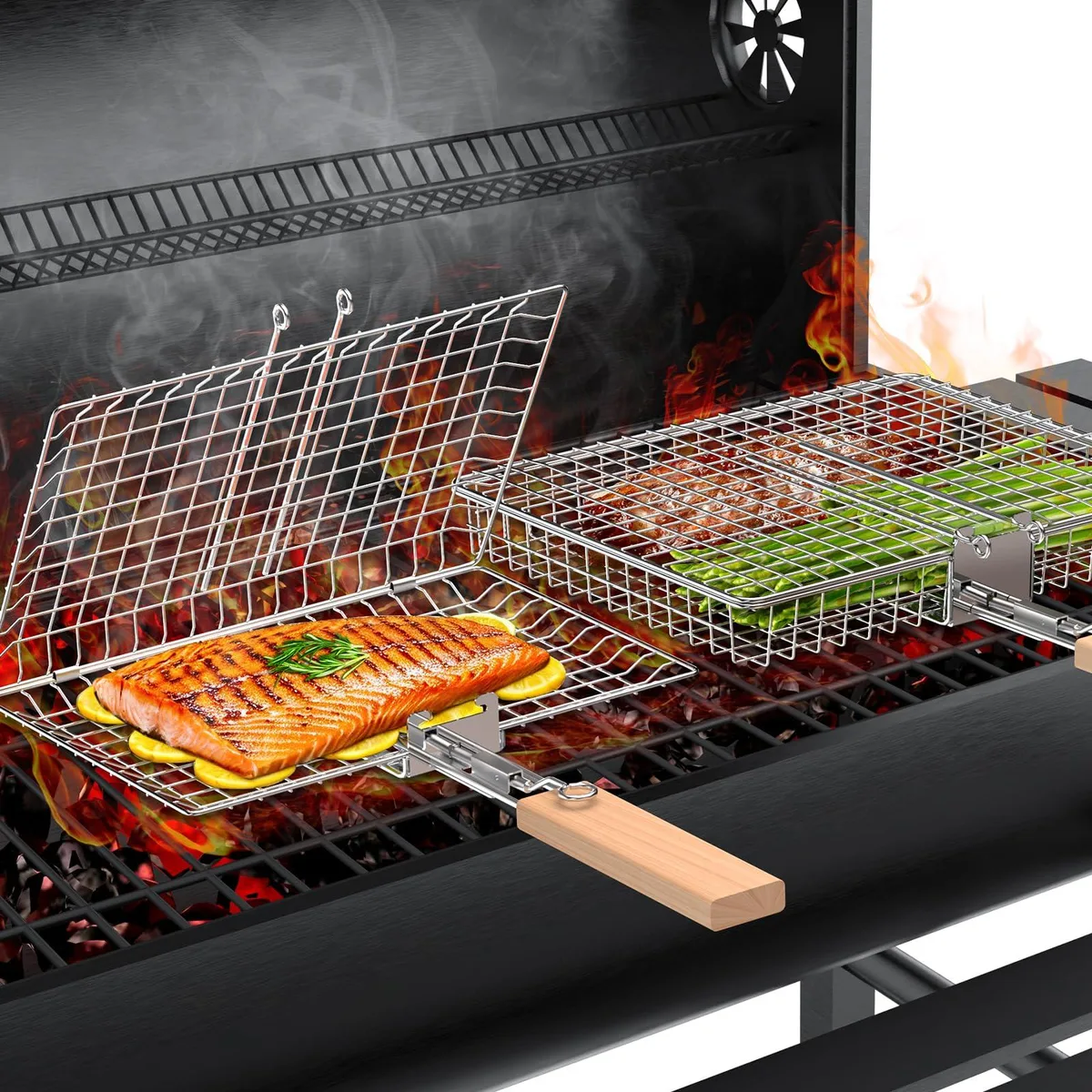 Healthy Living 2PCS Grill Basket Set 304 Stainless Steel Removable Wooden Handle Nesting Design — product photo
