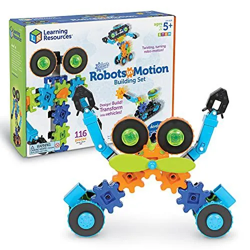 Colourful plastic gears, cranks and robot parts in a box
