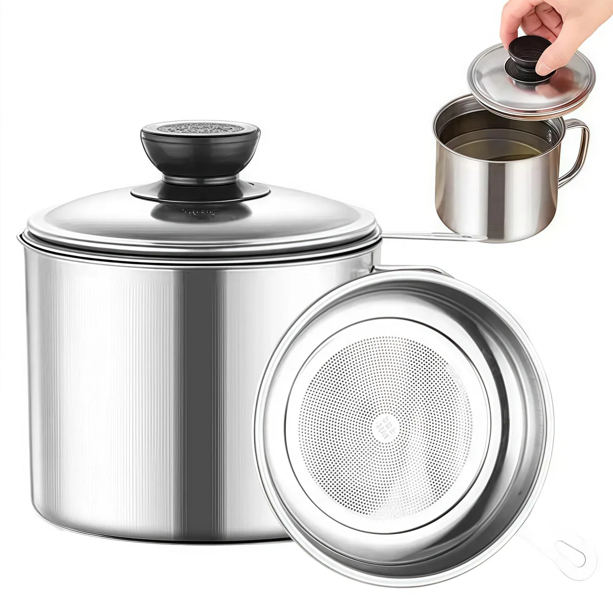 Red 34oz stainless steel grease container with strainer and lid