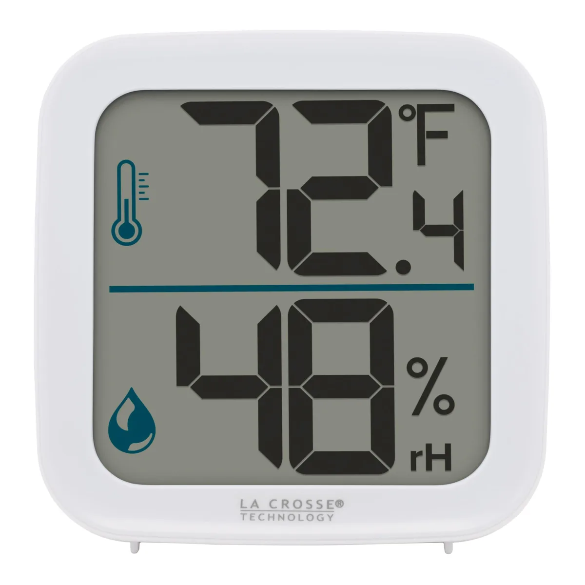 White square digital thermometer with humidity display, pull-out stand and hanging hole