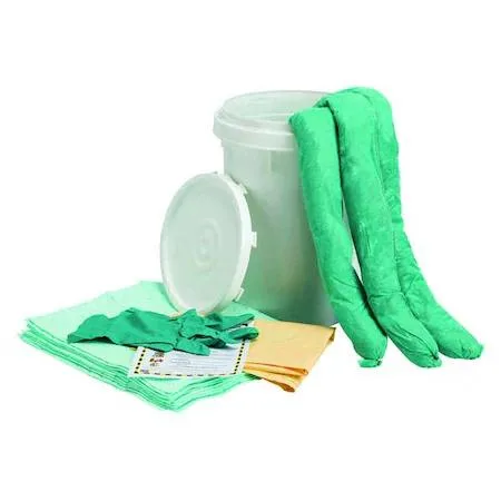 White 6 1/2 gal bucket spill kit with pads, socks, gloves, bags, handbook