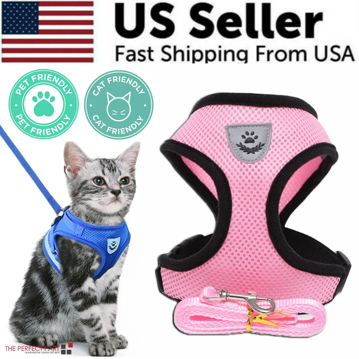 The Perfect Part The Perfect Part Adjustable Reflective Harness & Leash Set — Pink, S (34 cm bust) — product photo