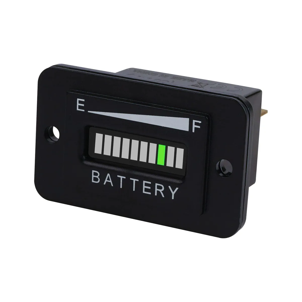 Compact rectangular 36 V LED battery meter with ten coloured bars and snap-in panel mount