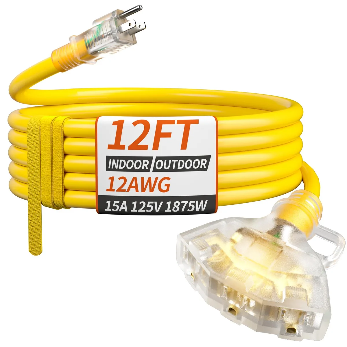  PlugSaf PS-12AWG-12FT 12 ft 12/3 AWG Outdoor Power Extension Cord 3 Outlet Yellow — product photo