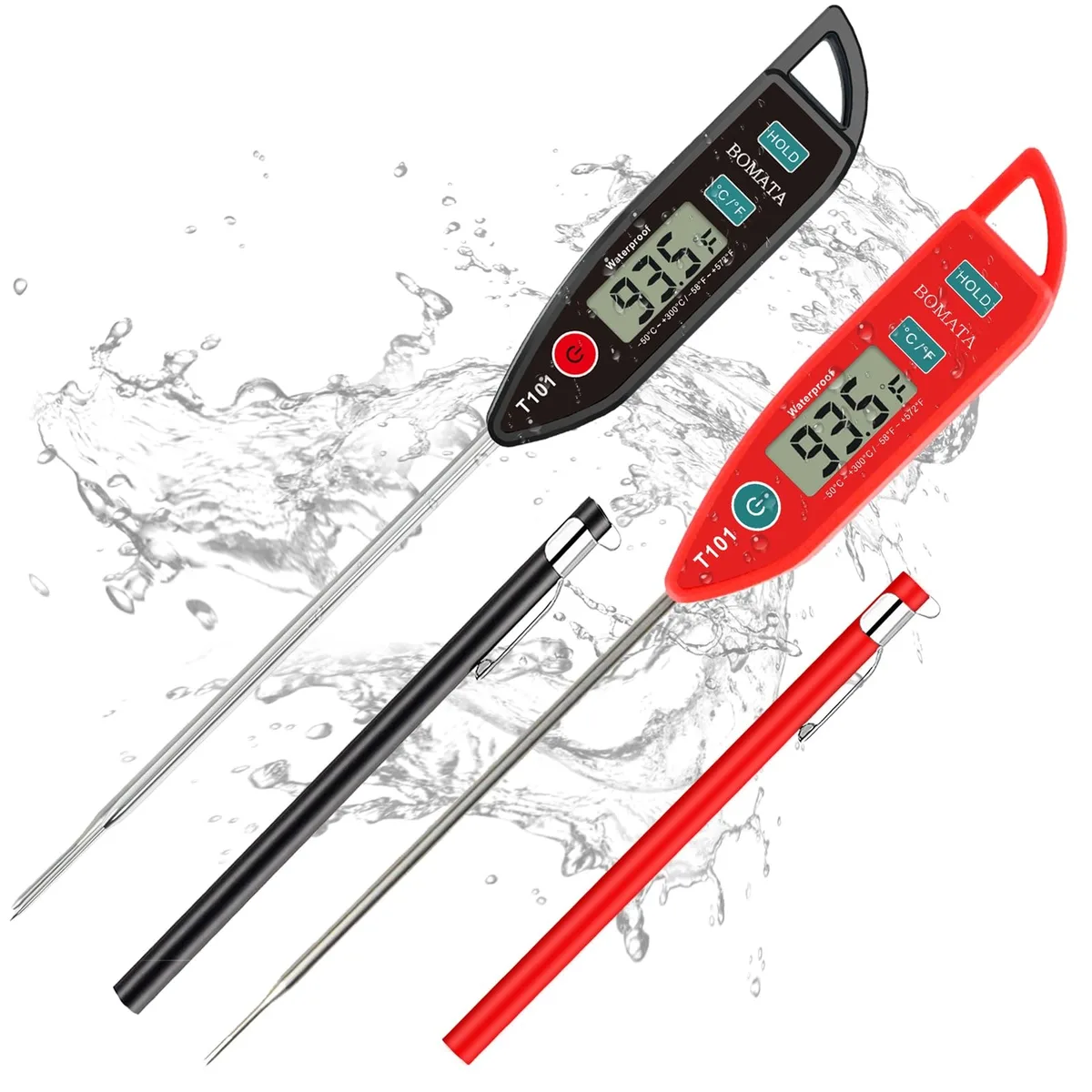 Two pen-shaped digital thermometers, one black one red, each with a 5-inch silver probe and pocket-clip sheath