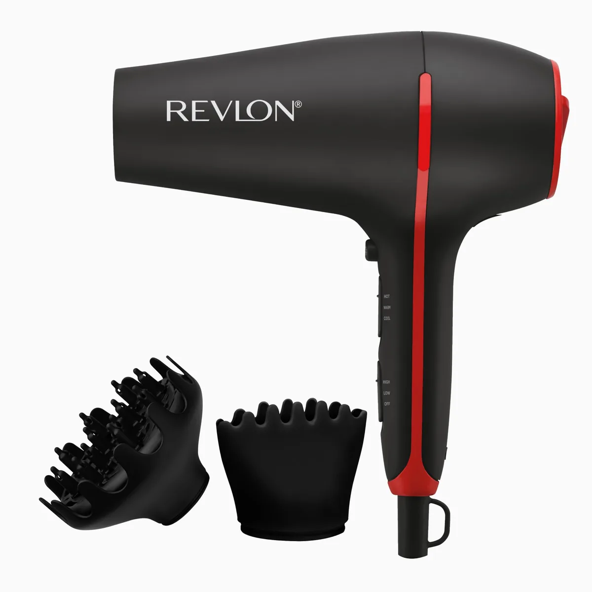 Black hair dryer with diffuser attachment, compact cylindrical body, matte finish