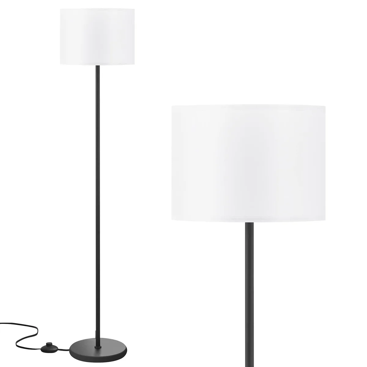 Tall white fabric shade on black metal pole with foot switch