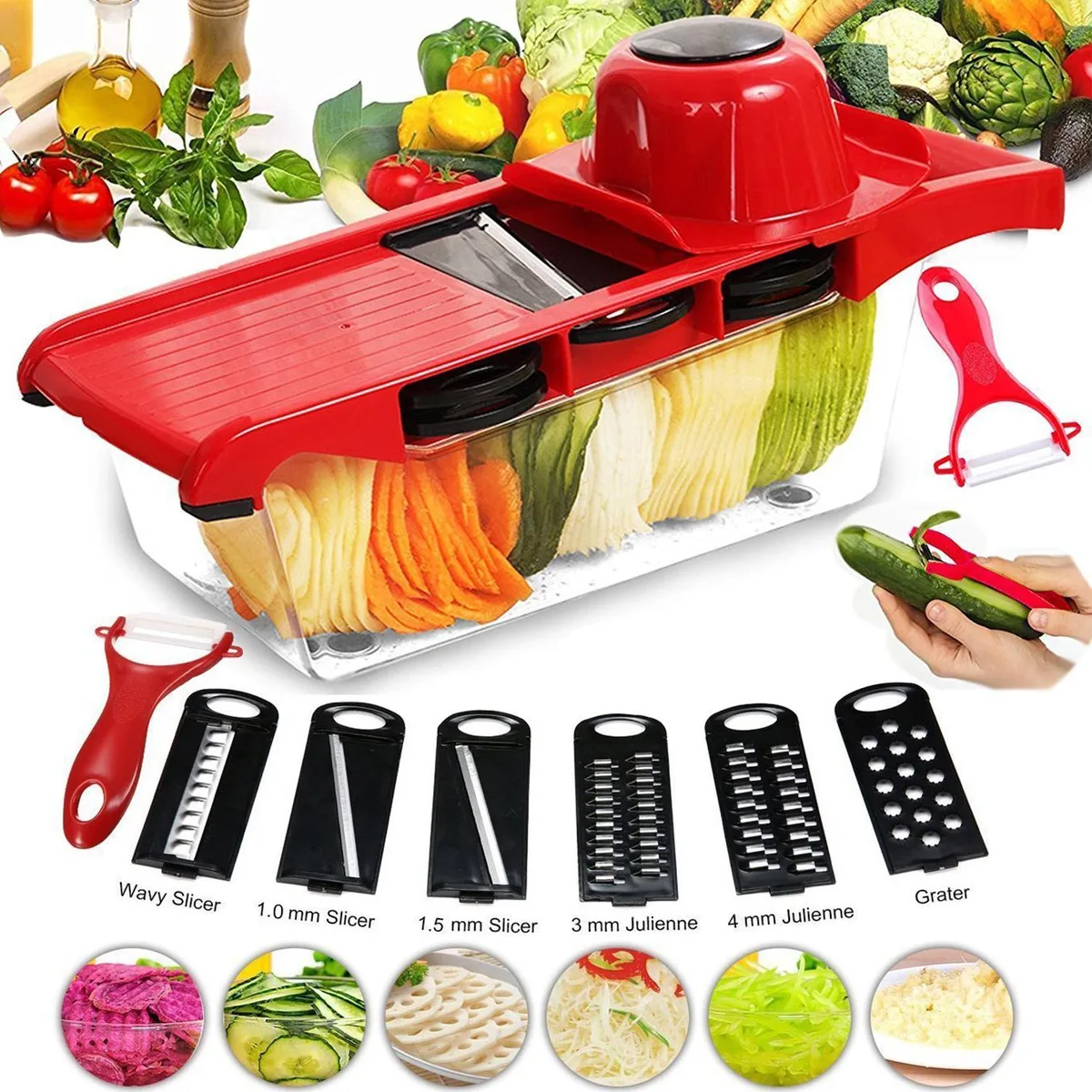FITNATE FITNATE Vegetable Slicer Red 6 Blades 1.0 1.5 3.0 4.0mm — product photo