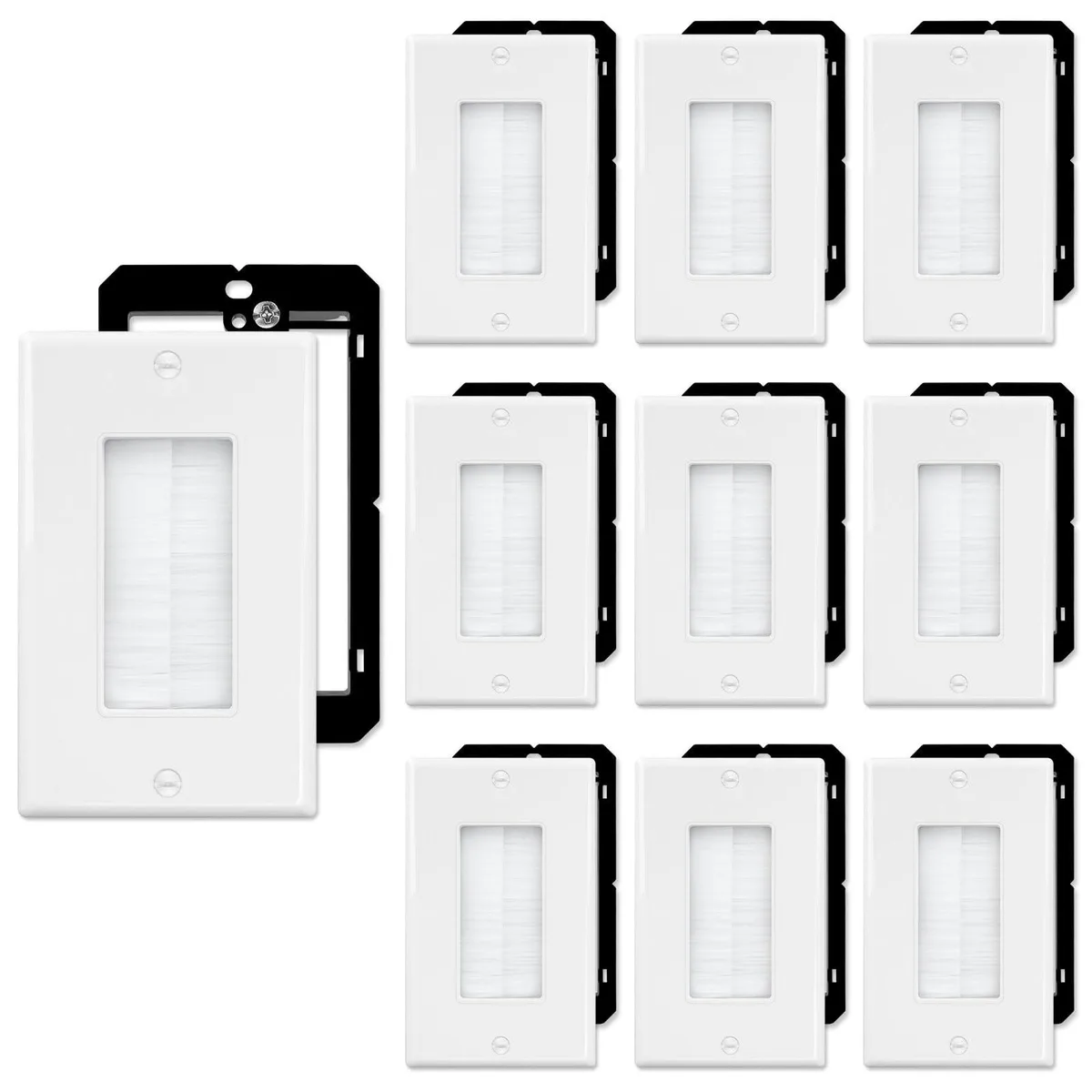 White rectangular metal wall plate with brush cable pass-through and mounting bracket, single gang, 2.76 by 4.49 inches