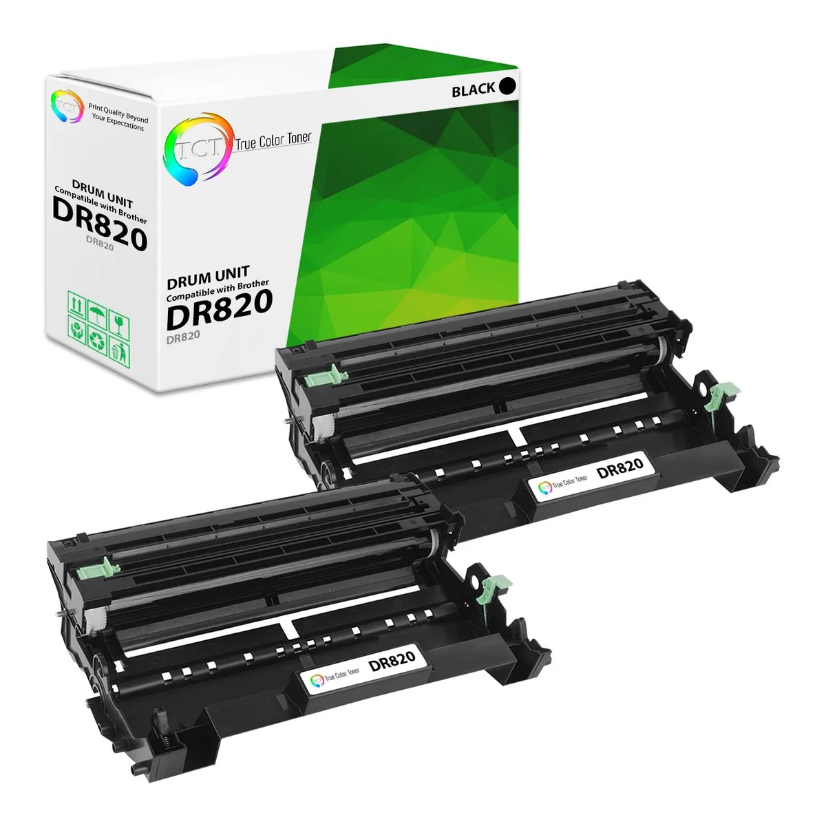 Two black drum units in sealed packaging side by side