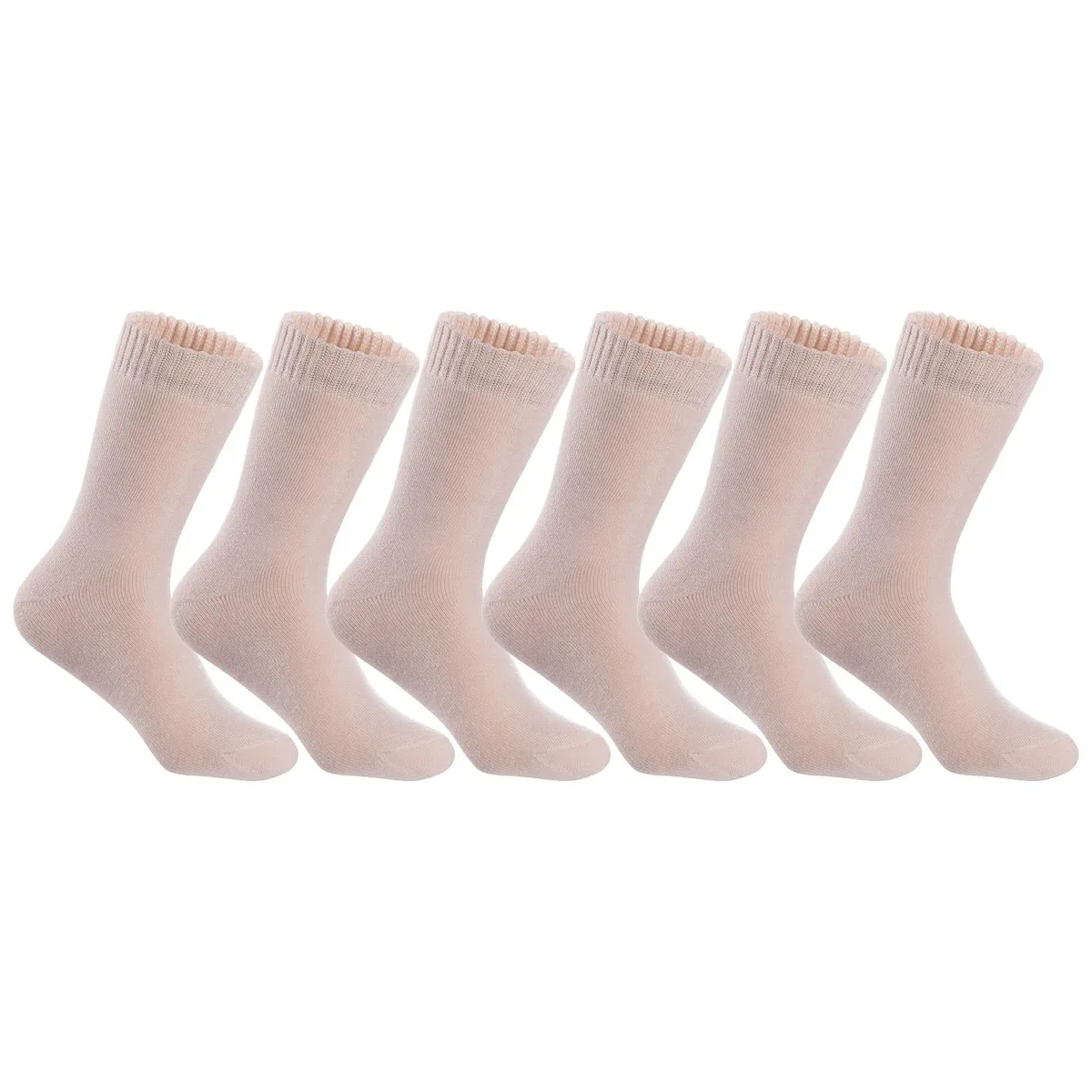 Six pairs of beige wool crew socks stacked together