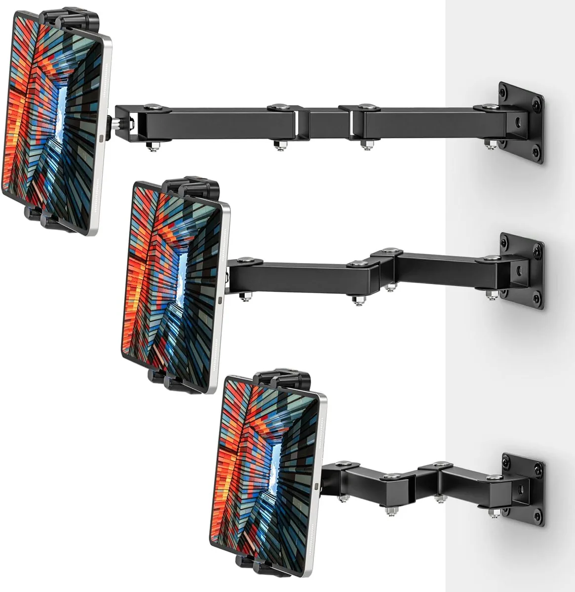 Silver metal tablet wall mount with three-stage extendable arm and rotating clamp