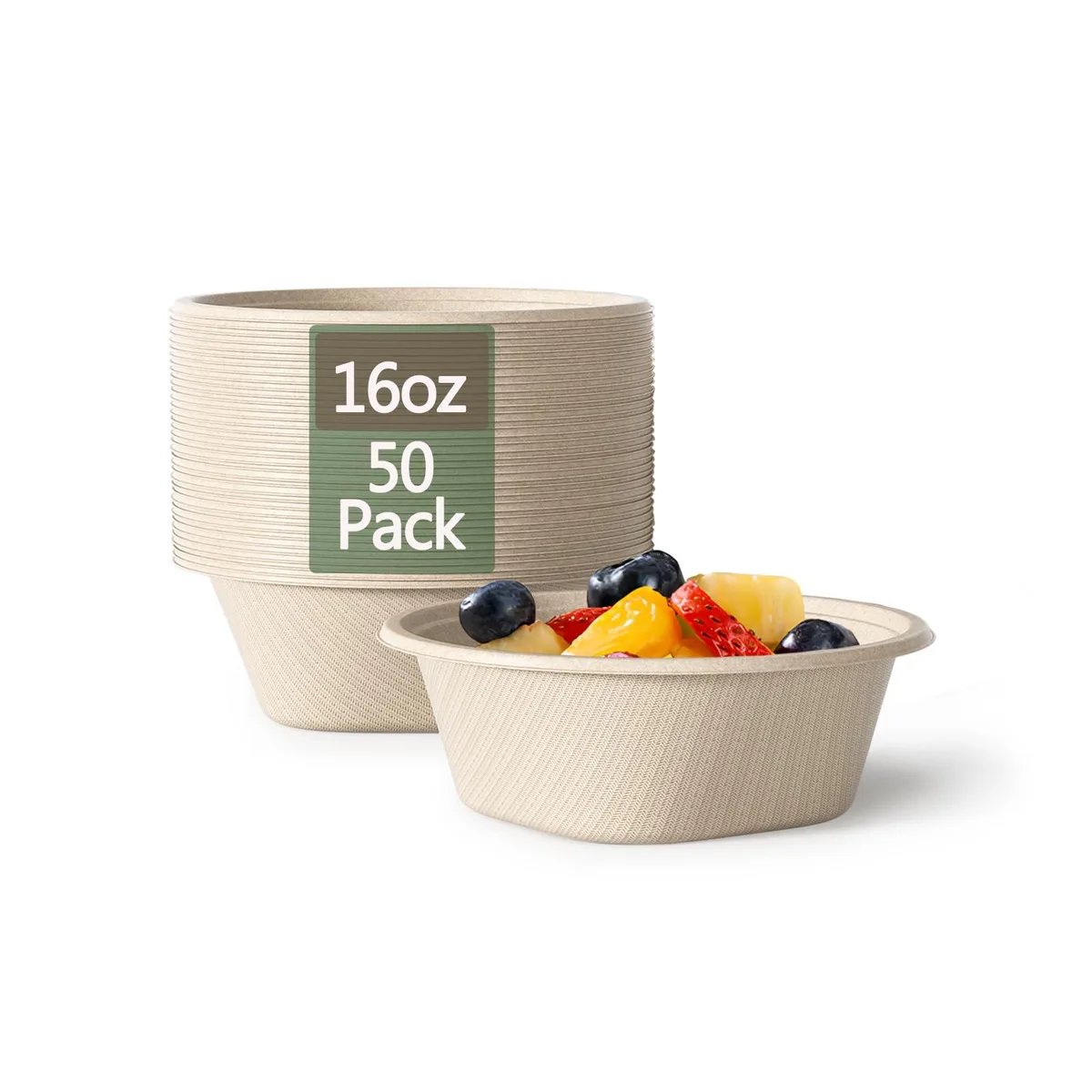 Stack of 50 round brown bagasse bowls, 16 oz each