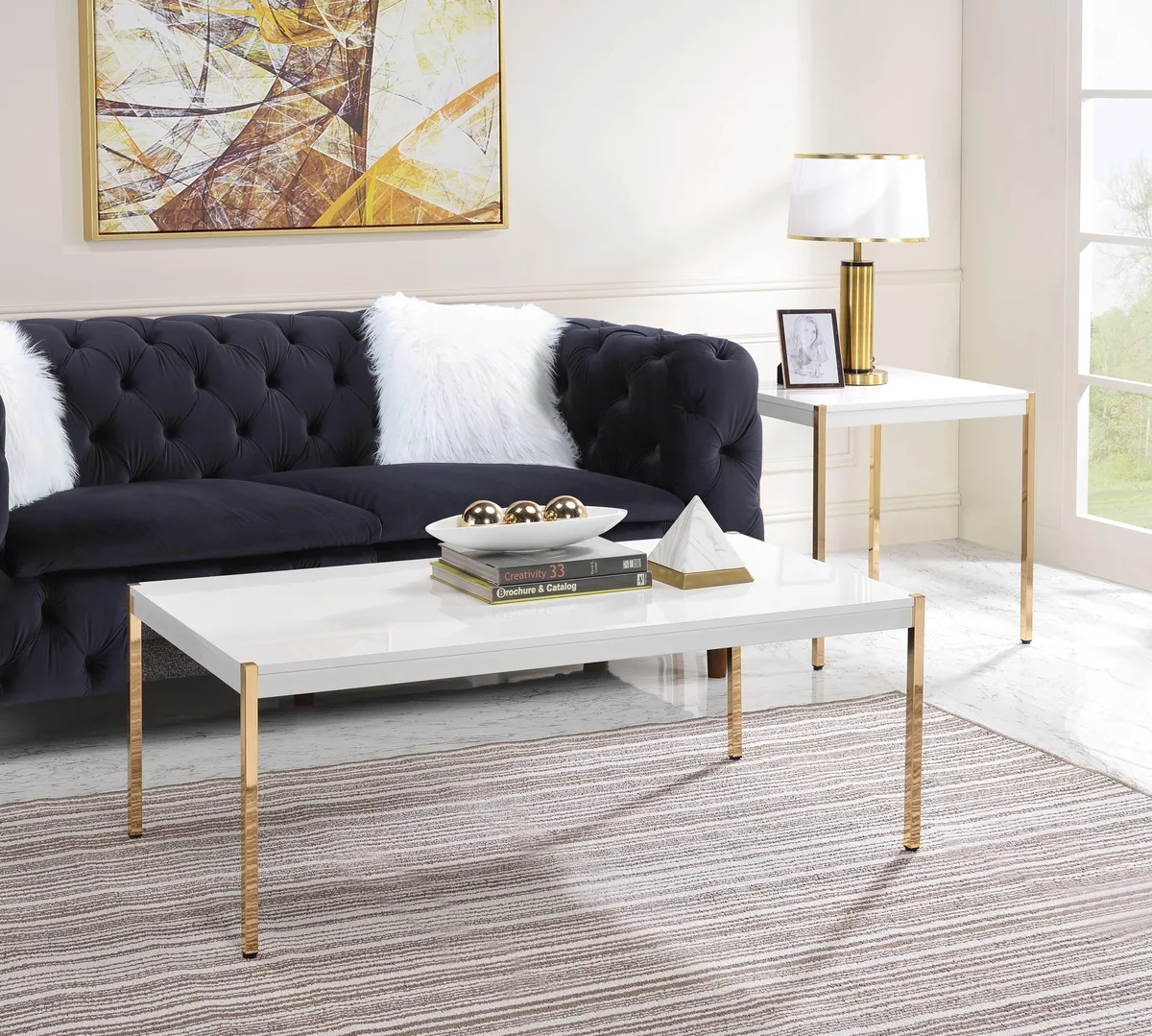 White and gold occasional table with metal tube legs and 53mm thick wooden top, 16 inch floor clearance