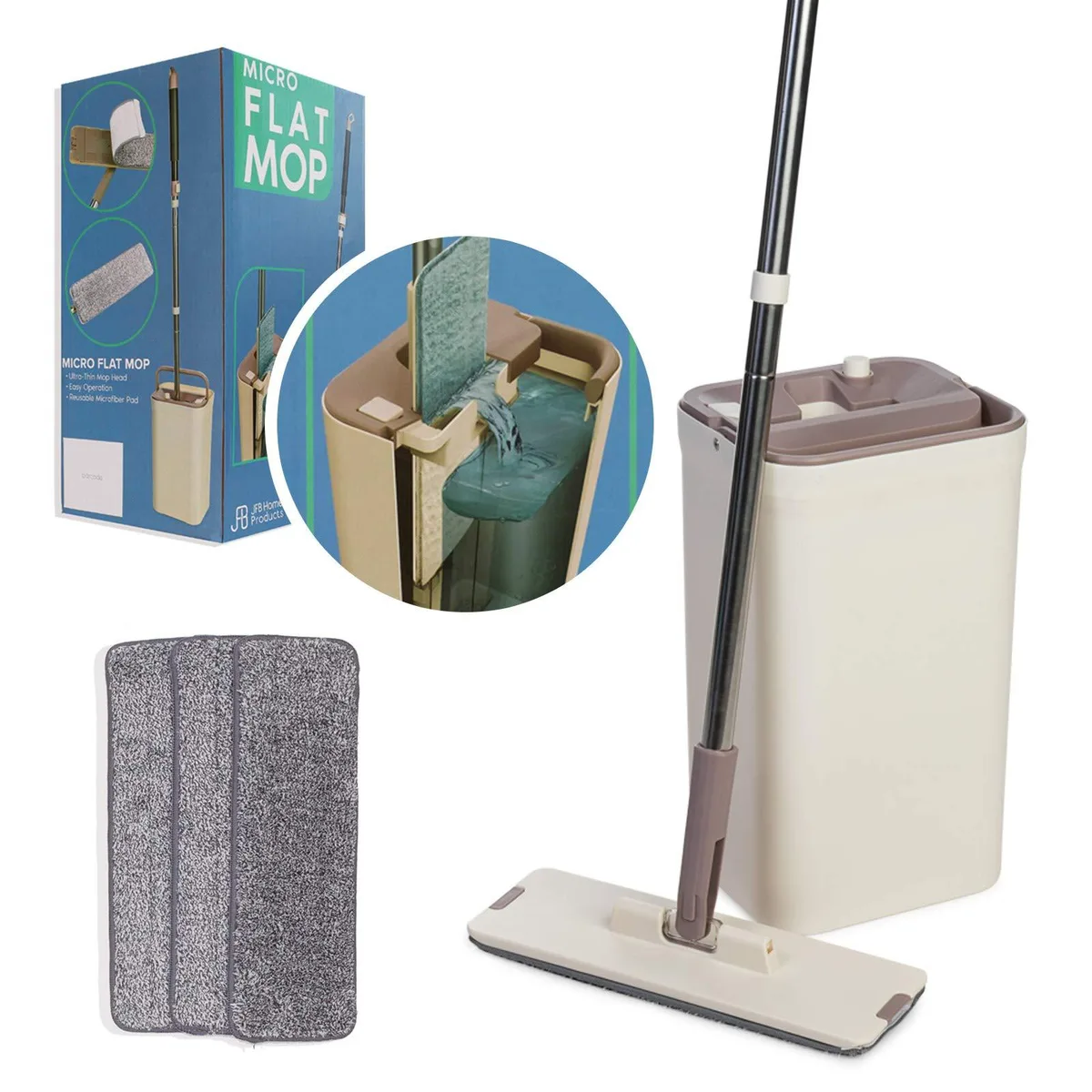 White flat mop with bucket and three microfiber pads