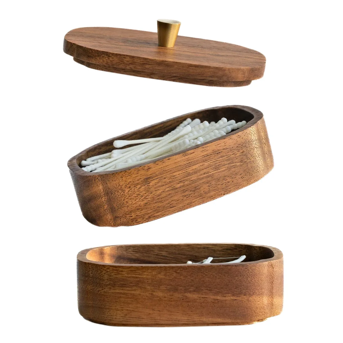 Natural acacia wood double-layer storage box with lids, compact rectangular form