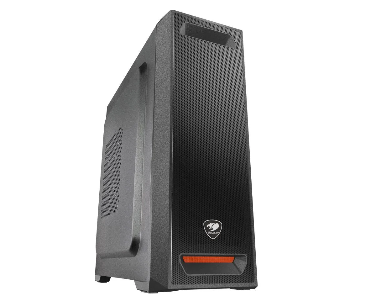 Black mid-tower case with mesh front panel and tempered glass side window