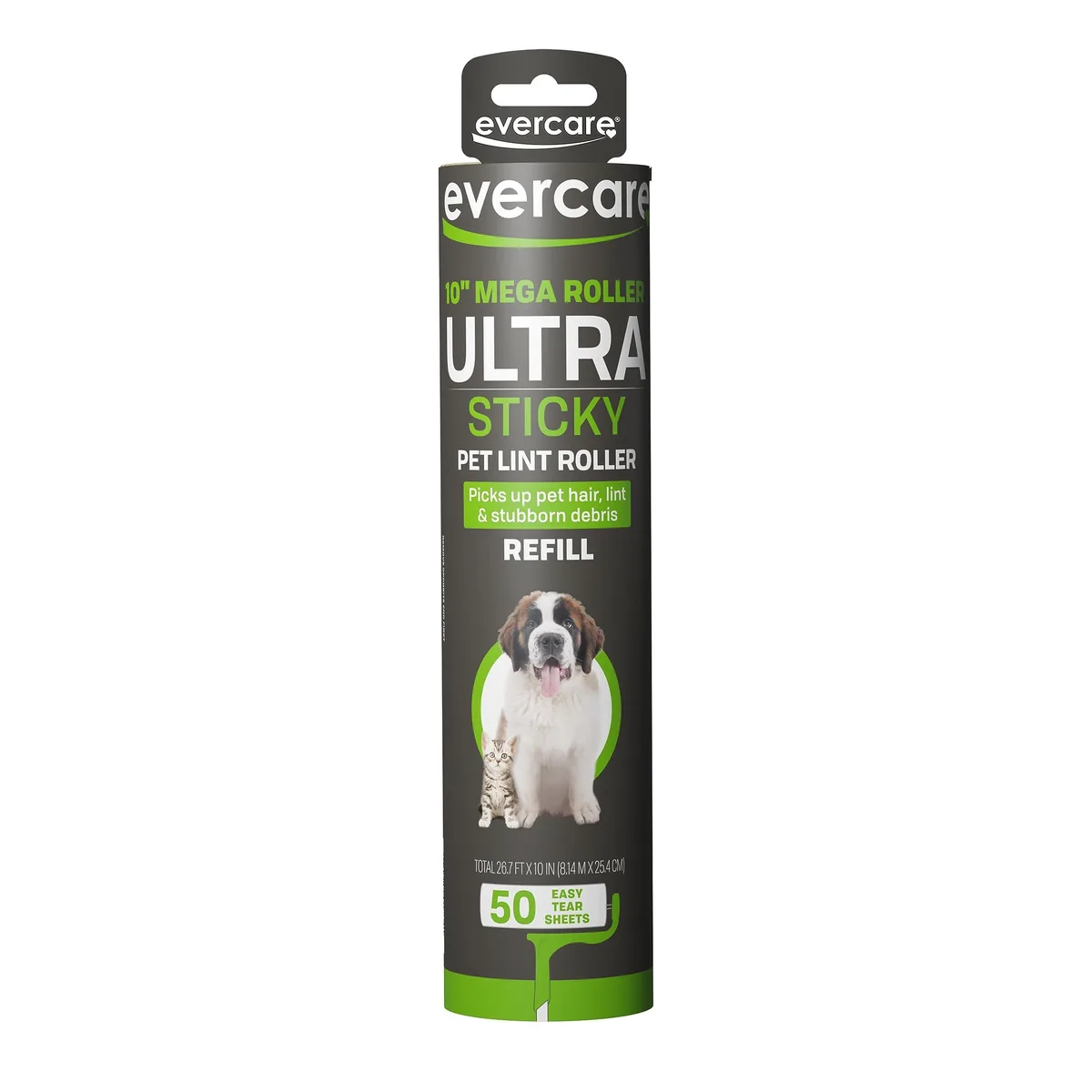 White 10-inch lint roller refill roll with 50 adhesive sheets