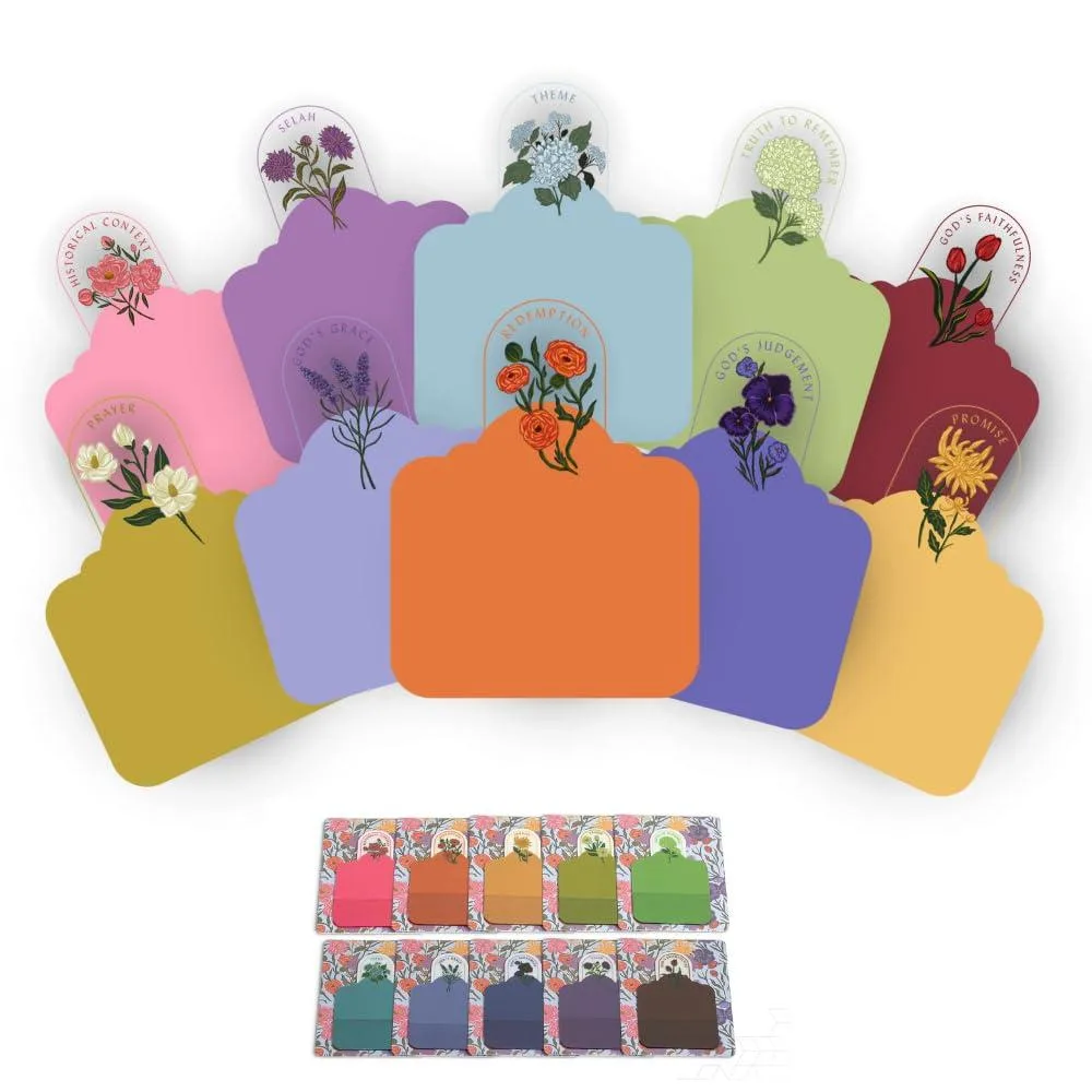 Ten clear square pads of transparent sticky notes in protective envelopes