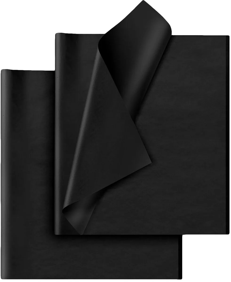 A stack of 30 black tissue paper sheets, 14 by 20 inches, smooth matte finish