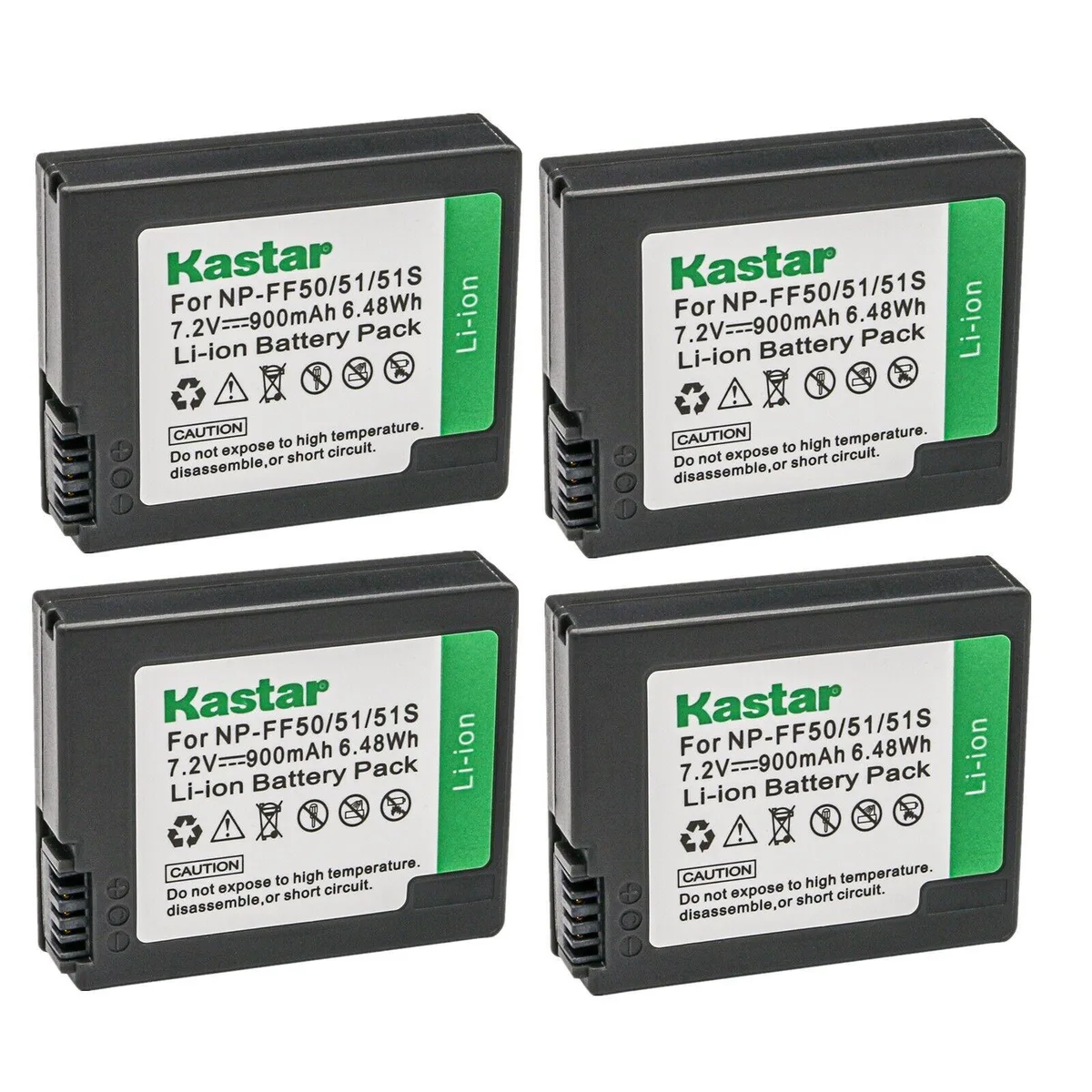 Four rectangular silver-grey lithium-ion camera batteries in a row
