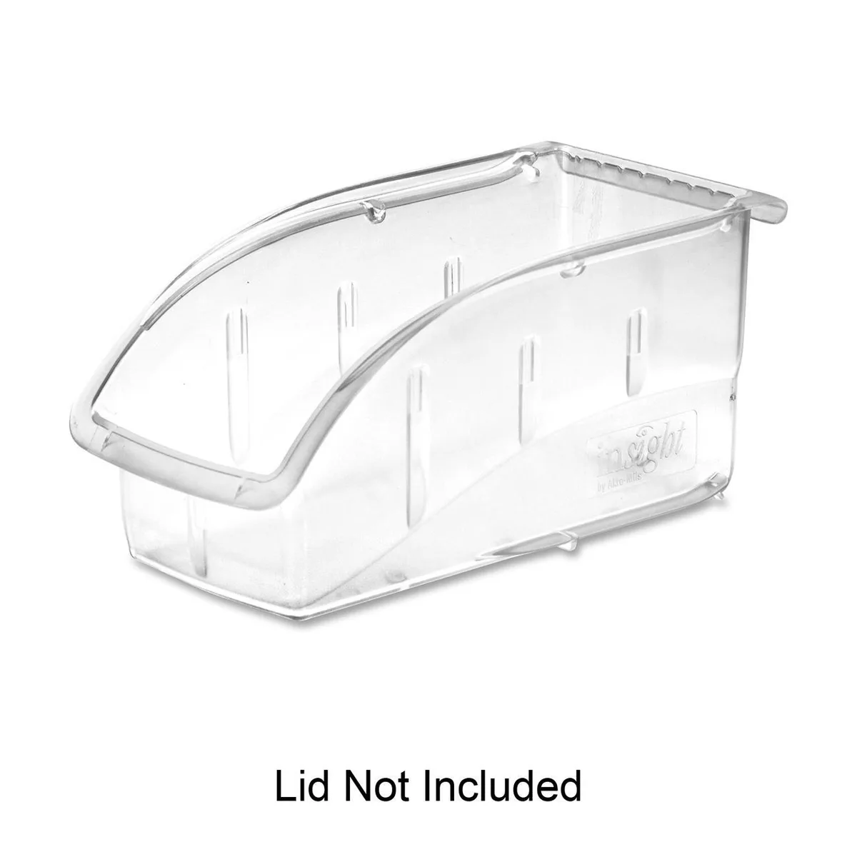 Clear polycarbonate hang-and-stack bin with moulded label slots