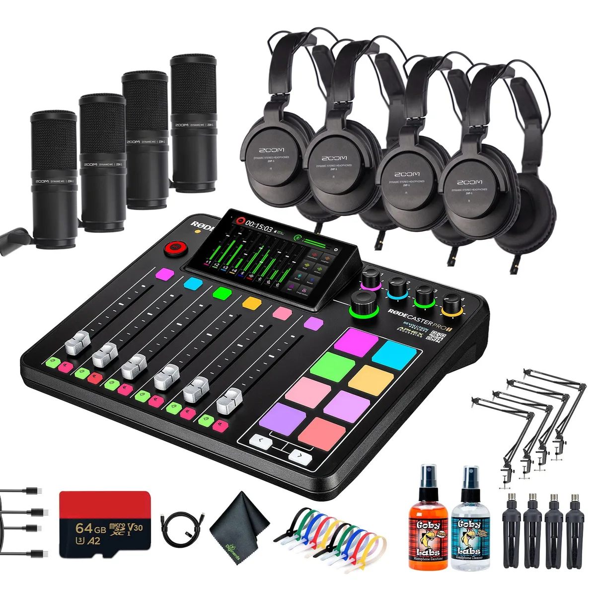 RODE Microphone RODE RODECaster Pro II Bundle with 4 Microphones, 4 Headphones, 4 Arms, 64GB Card — product photo