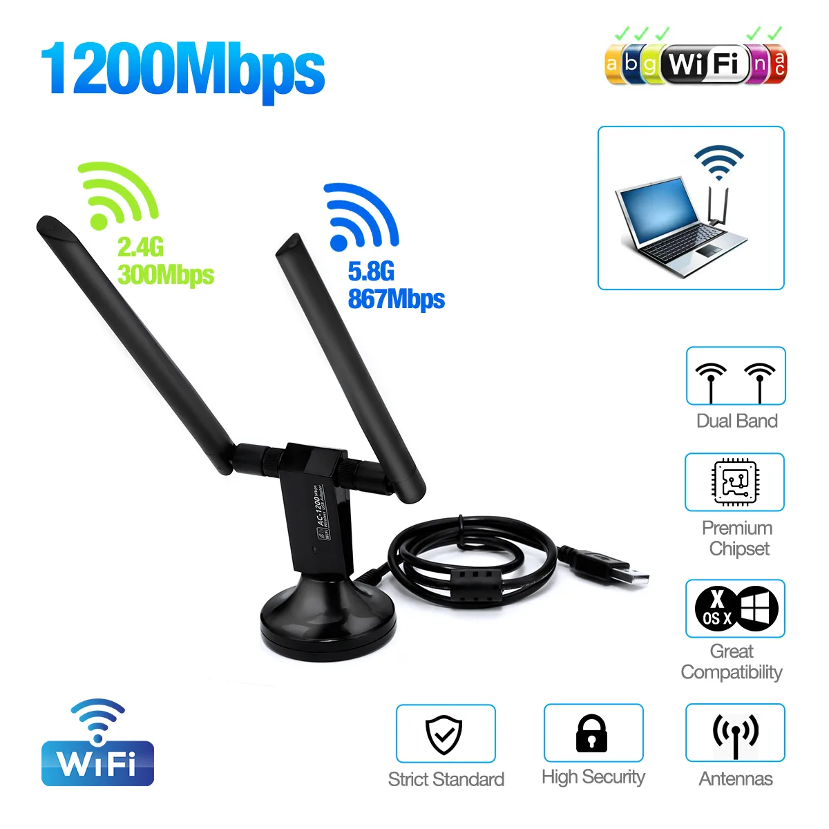 Shenzhen boerdi Electronic Co., Ltd Shenzhen boerdi Electronic Co., Ltd USB 3.0 Wi-Fi Adapter AC1200 Dual Band 5dBi Antennas — product photo