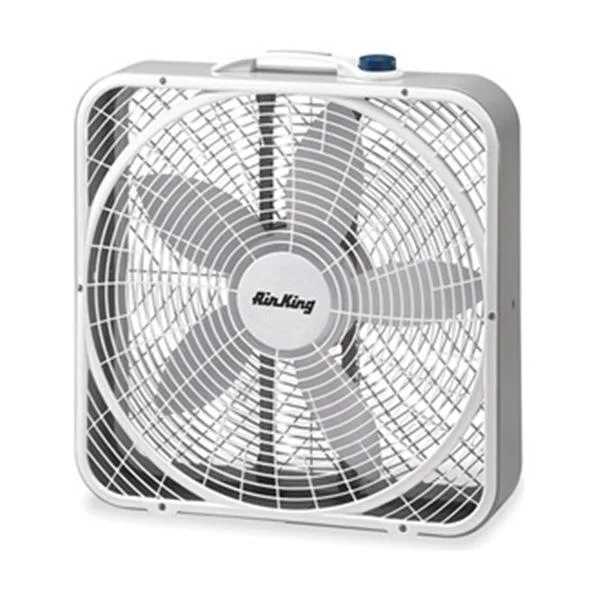 White polypropylene portable box fan, 20 inch blade, three speed settings, floor standing