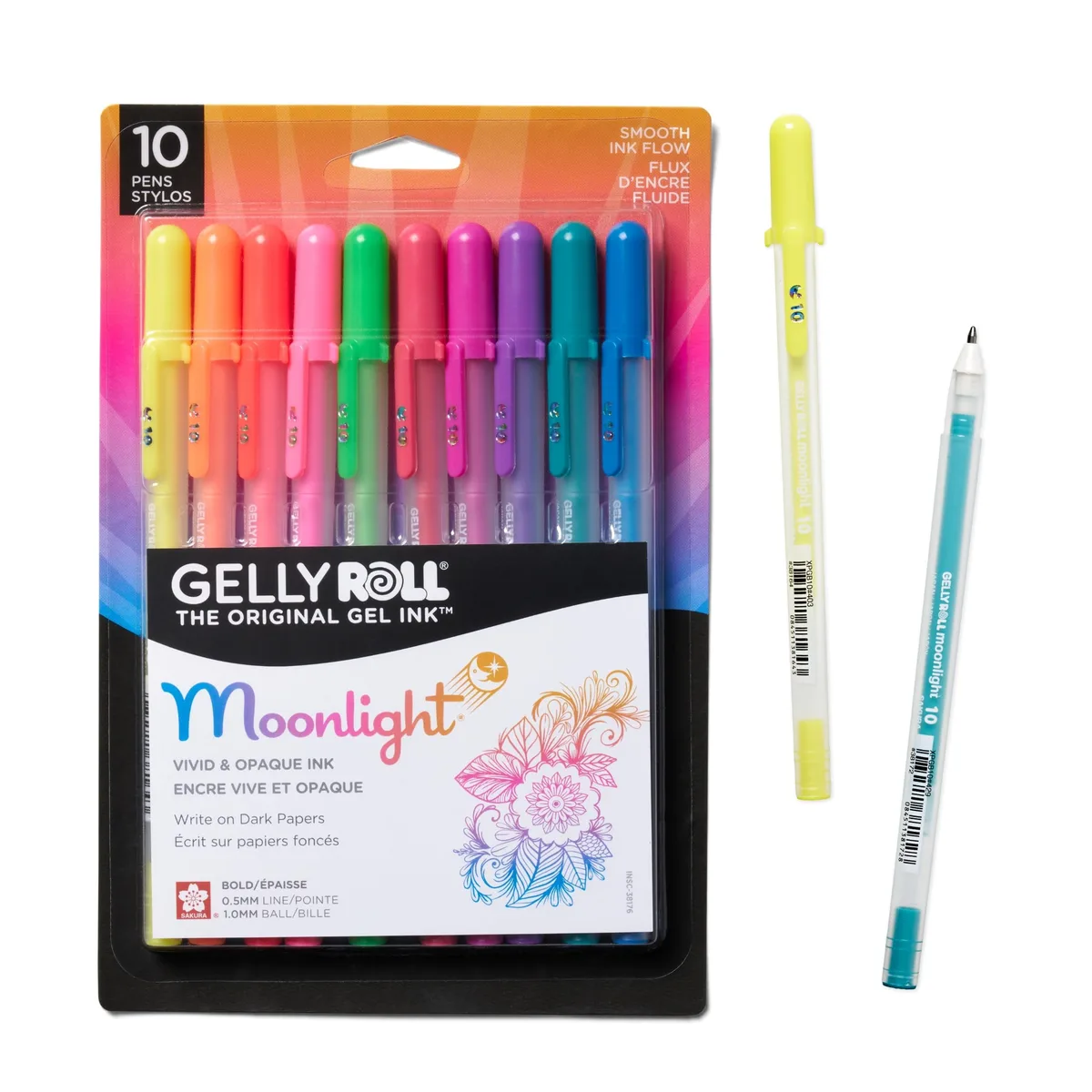 A clear plastic box holding ten Sakura Gelly Roll Moonlight gel pens with bold tips and soft grips in bright opaque colours