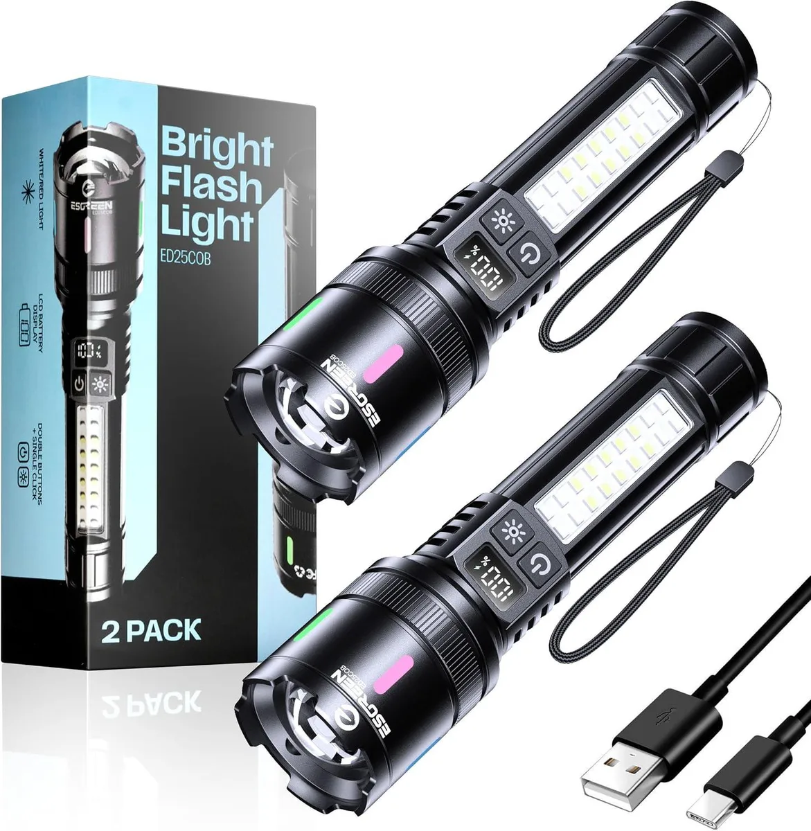 Two compact handheld flashlights with USB-C ports and side COB panels showing red and white light modes