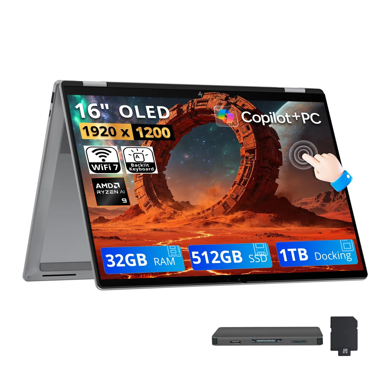 HP HP OmniBook X Flip 16" FHD+ OLED 2-in-1 Laptop AMD Ryzen AI 9 465 32GB DDR5 1.5TB Storage Silver — product photo