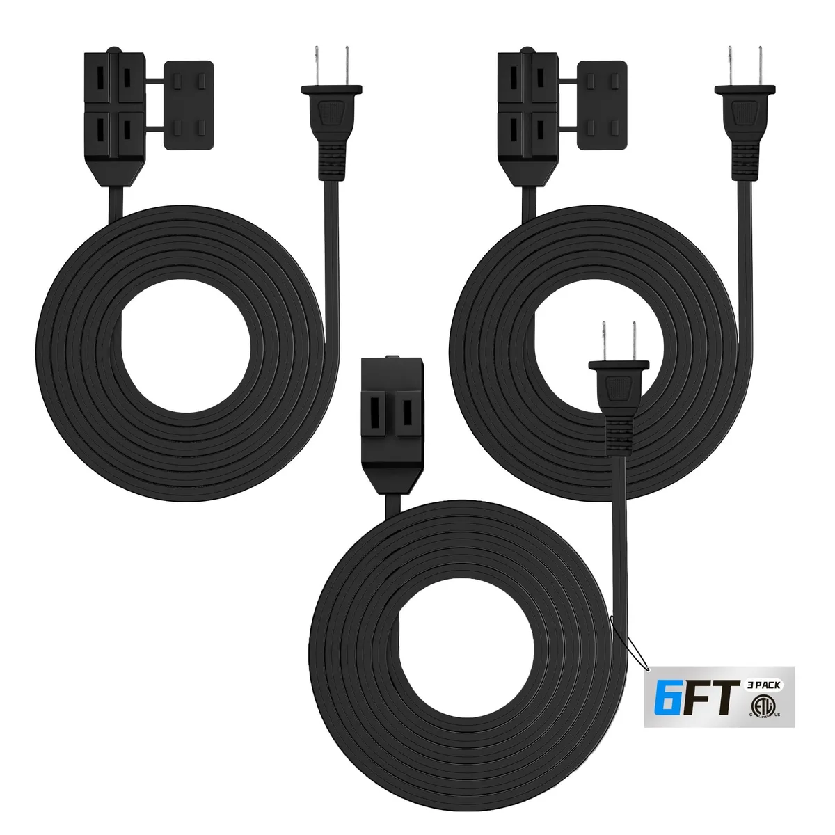  HBN 0217-BK 3-Pack 6FT Power Extension Cords 16/2 SPT-2 13A 1625W — product photo