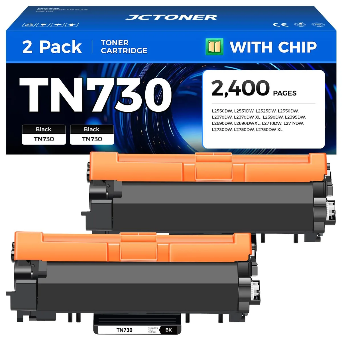 Two black rectangular toner cartridges side by side