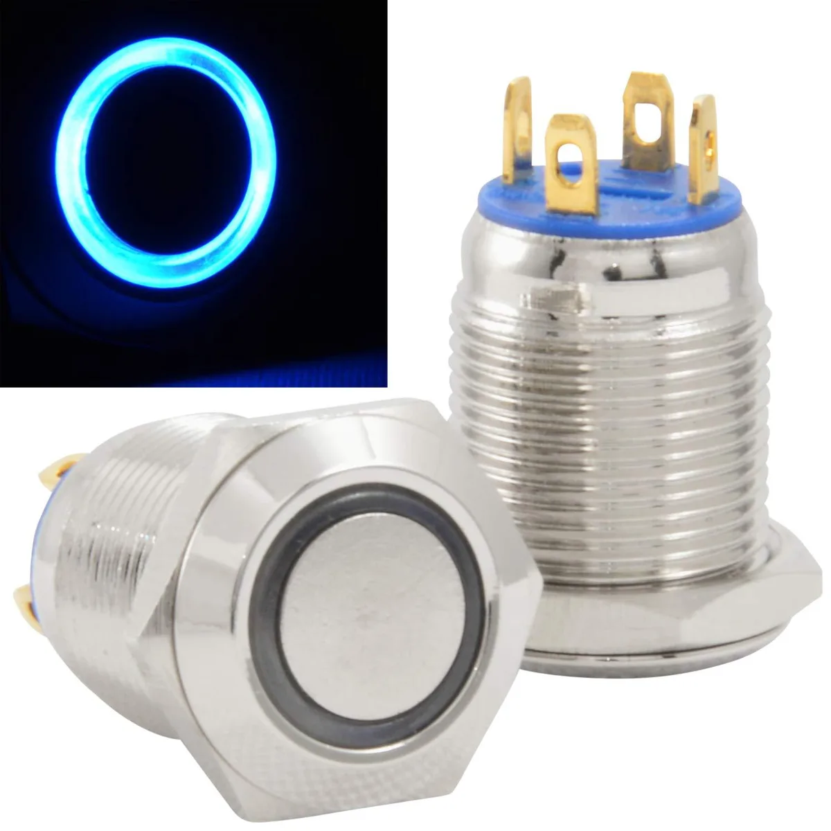 JacobsParts Inc. JacobsParts Inc. LTCH-K2-BLU 14mm Stainless Steel Momentary Push Button Switch Blue LED Disconnect — product photo