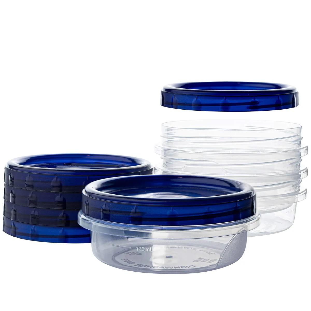 Four clear 8 oz deli containers with blue twist-on lids, red accent