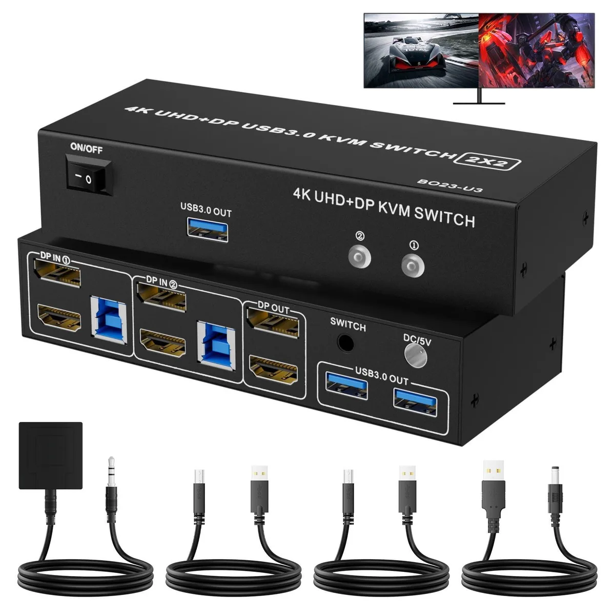 Vszerda Vszerda Dual Monitor HDMI + DisplayPort KVM Switch 2 Monitors 2 Computers 3 USB 3.0 4K@60Hz — product photo