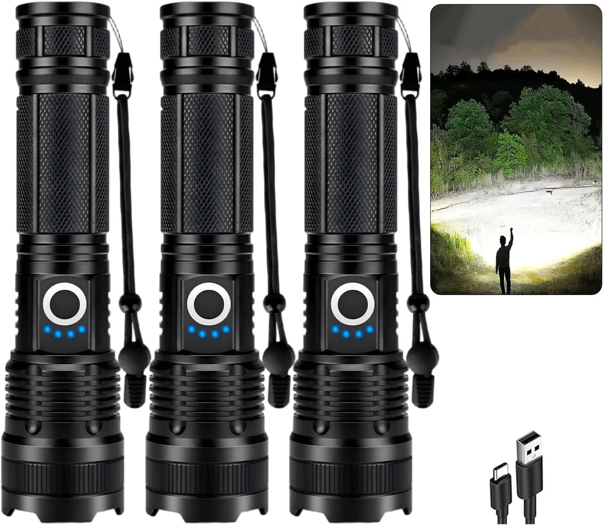 Three cylindrical aluminium flashlights with textured grip and adjustable head, shown side by side