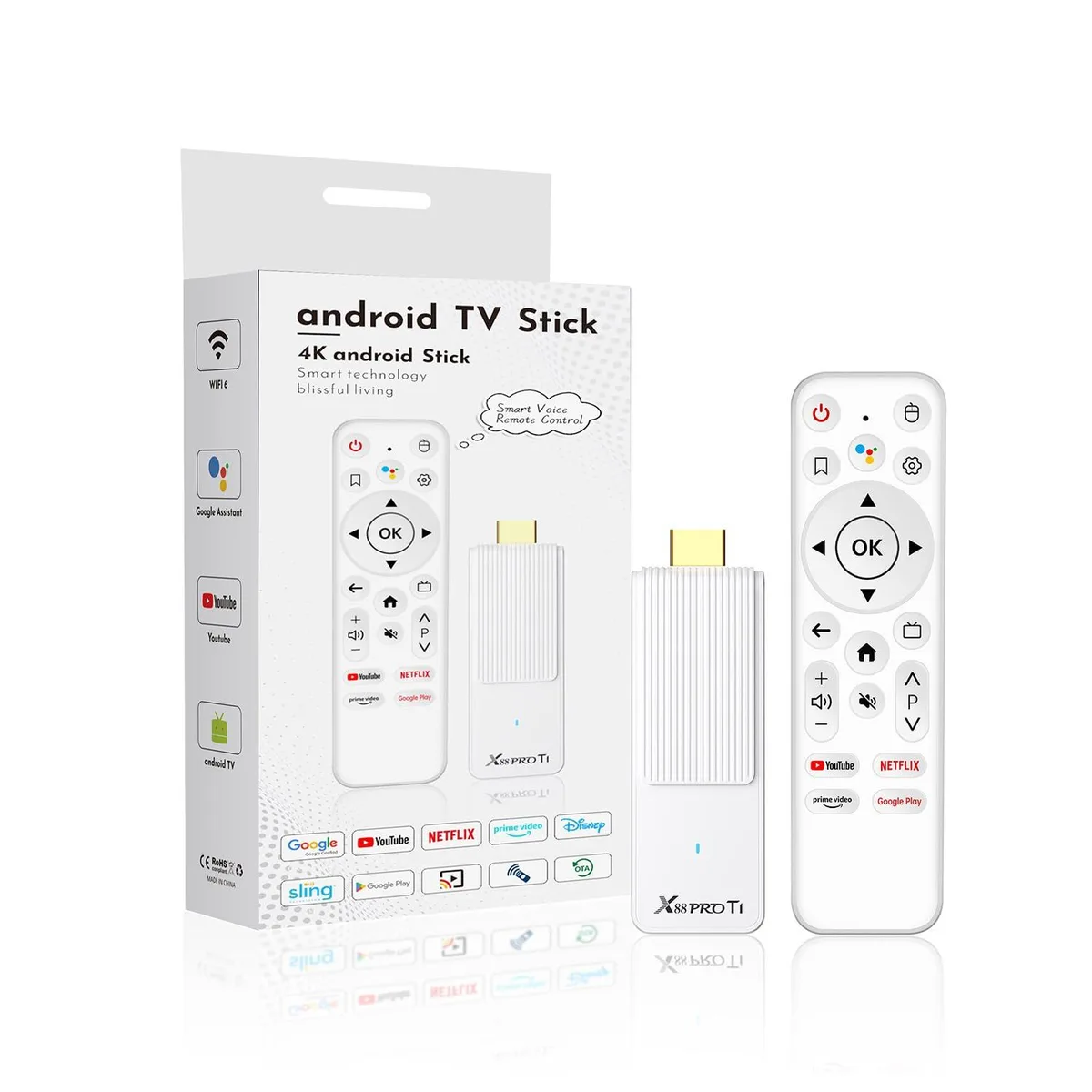 RUPA Android TV Stick 4K 2025 White RK3518 2GB 16GB Android 14.0 Wi-Fi 6 Bluetooth 5.0 HDR10 — product photo