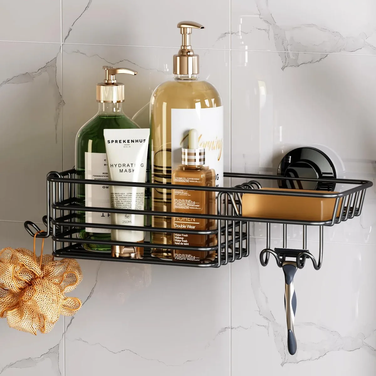  TAILI Shower Caddy Suction Cup with Hooks and Soap Holder, Black — product photo